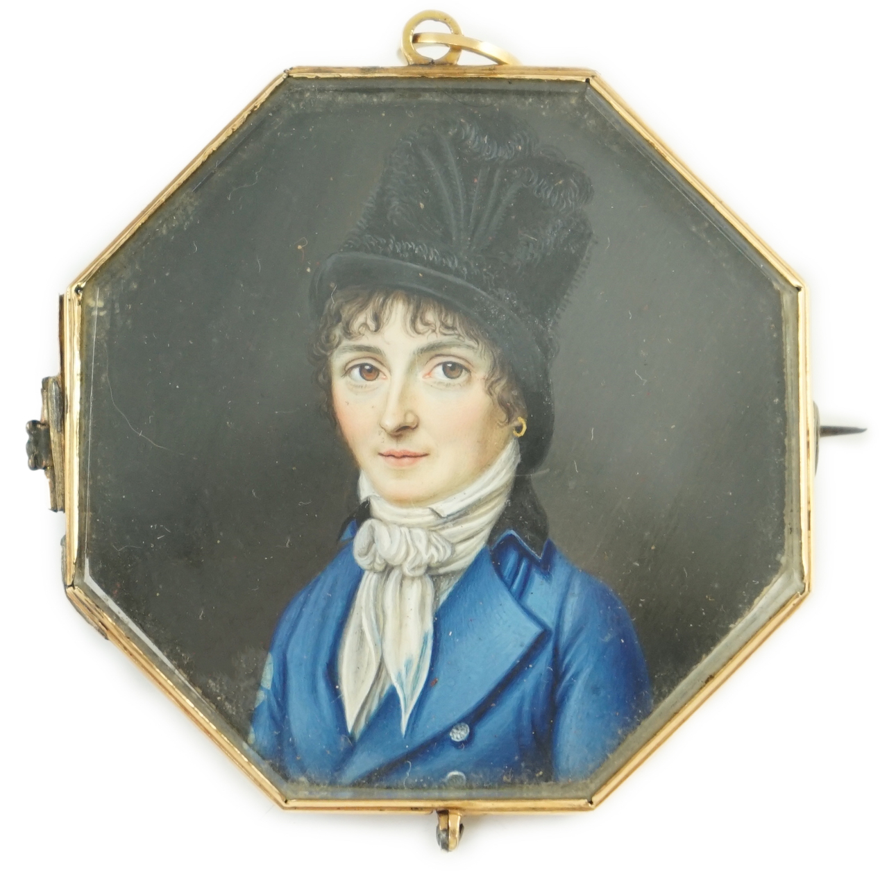 French School circa 1830, Portrait miniature of a lady wearing a black hat and blue coat, watercolour on ivory, 4.9 x 4.9cm. CITES Submission reference P7JVPY2M